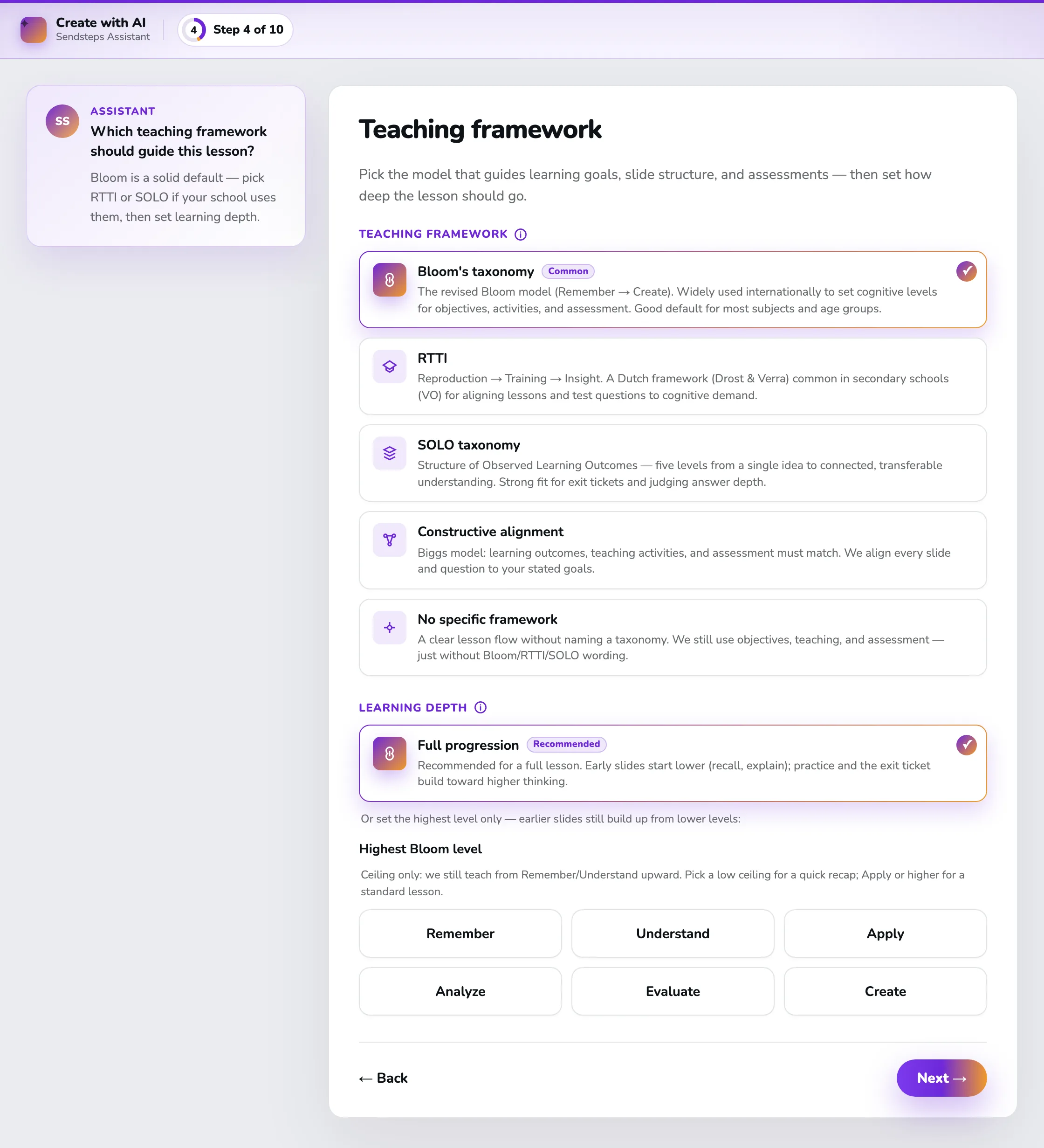 Create with AI, step 4: Bloom's taxonomy selected, with RTTI, SOLO, constructive alignment and no framework, and learning depth on full progression