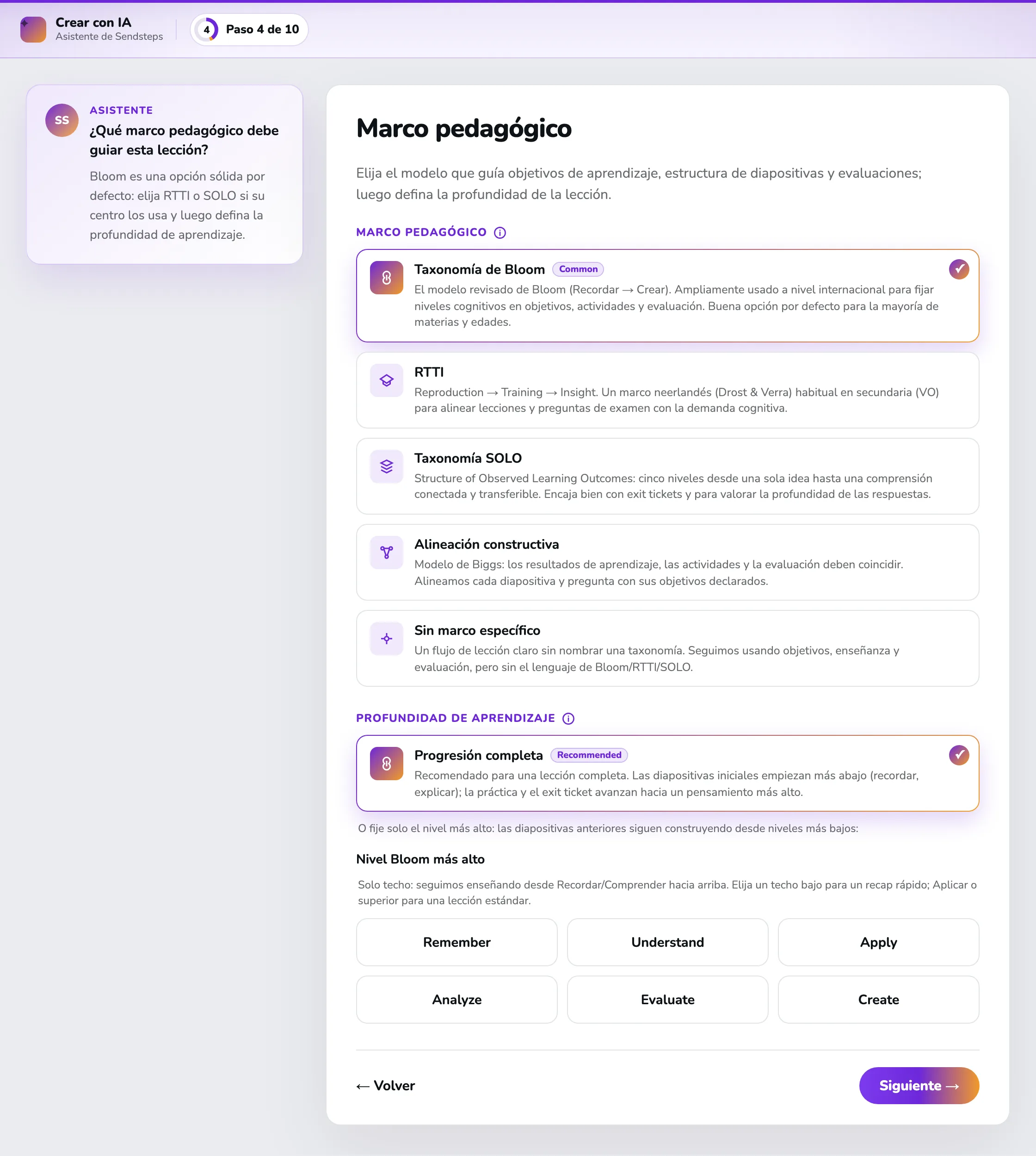 Crear con IA, paso 4: taxonomía de Bloom elegida, con RTTI, SOLO, alineación constructiva y sin marco, profundidad en progresión completa