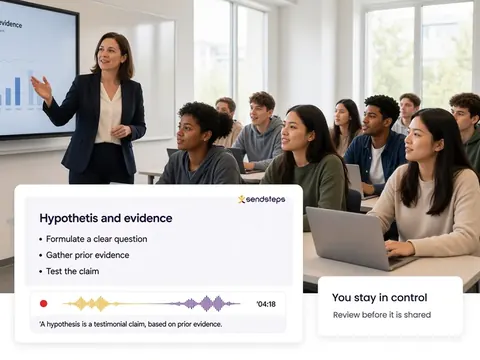 University lecture with a Sendsteps overlay showing captions and a recording bar under the slide