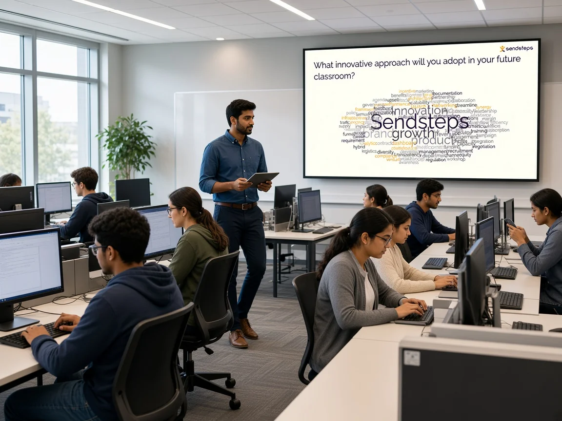 University students in a computer lab answering a Sendsteps word cloud
