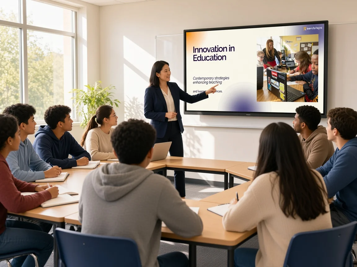 A lecturer teaching a full Sendsteps lesson, with slides and a check-in question on screen