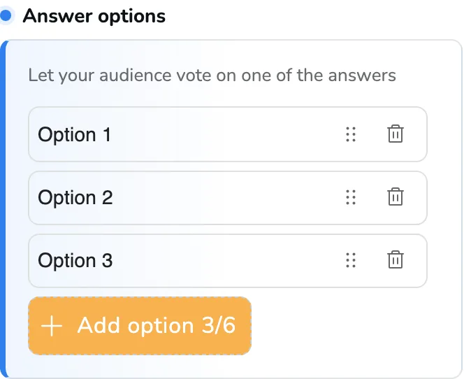 Answer options, with Option 1, Option 2, Option 3, and Add option 3/6.