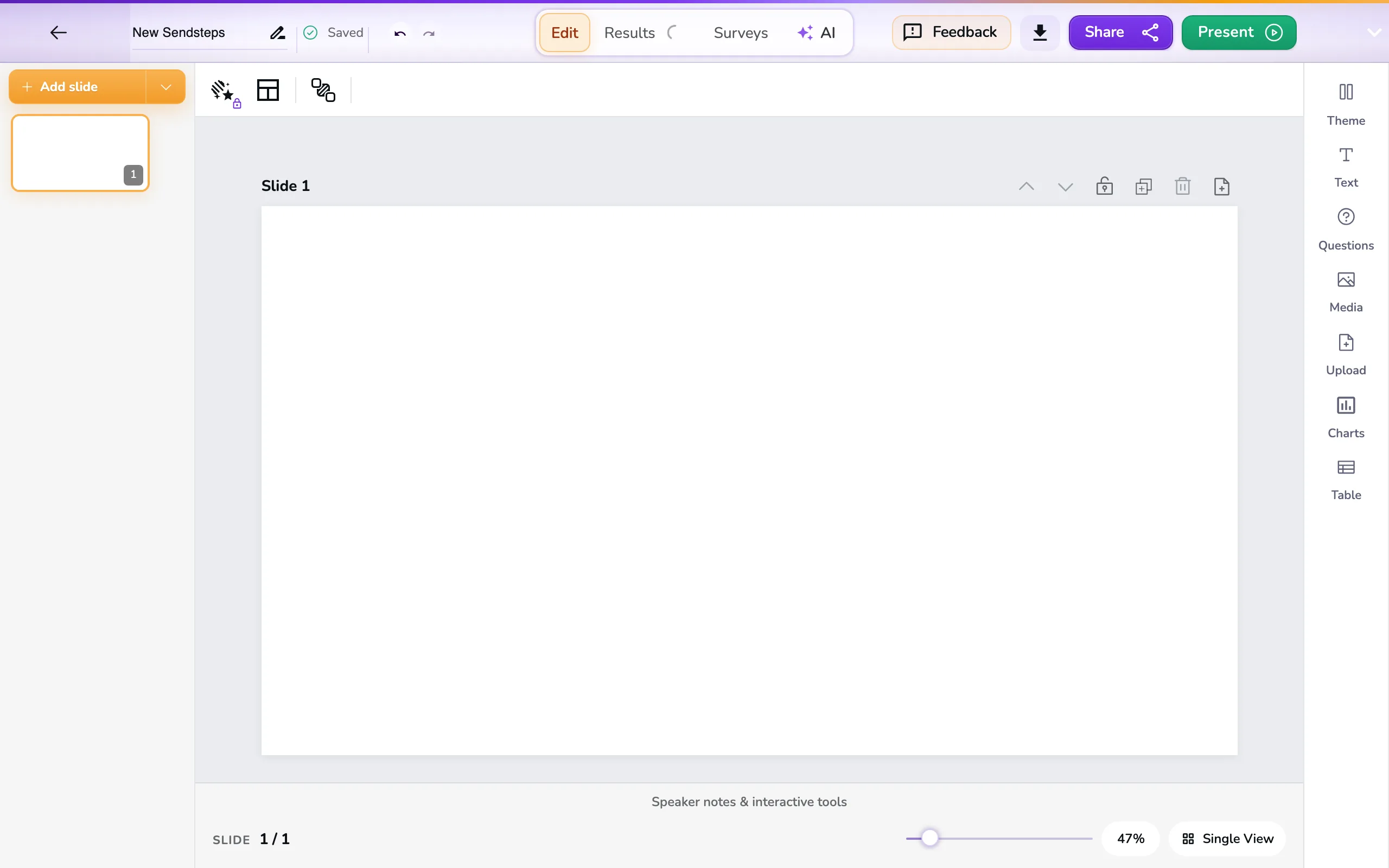 The editor, on a presentation named New Sendsteps, with a slide labeled Slide 1.