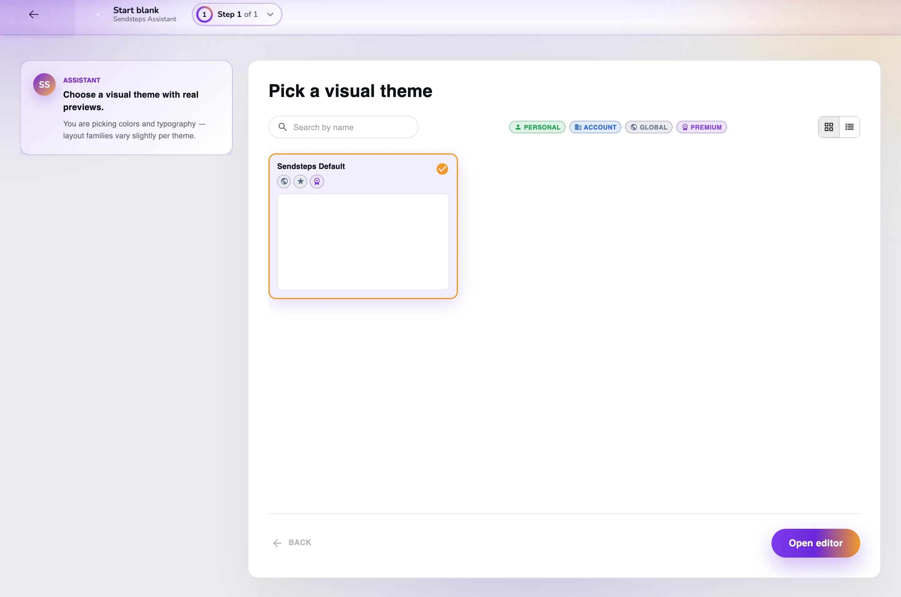 Pick a visual theme, with Sendsteps Default selected and Open editor ready.