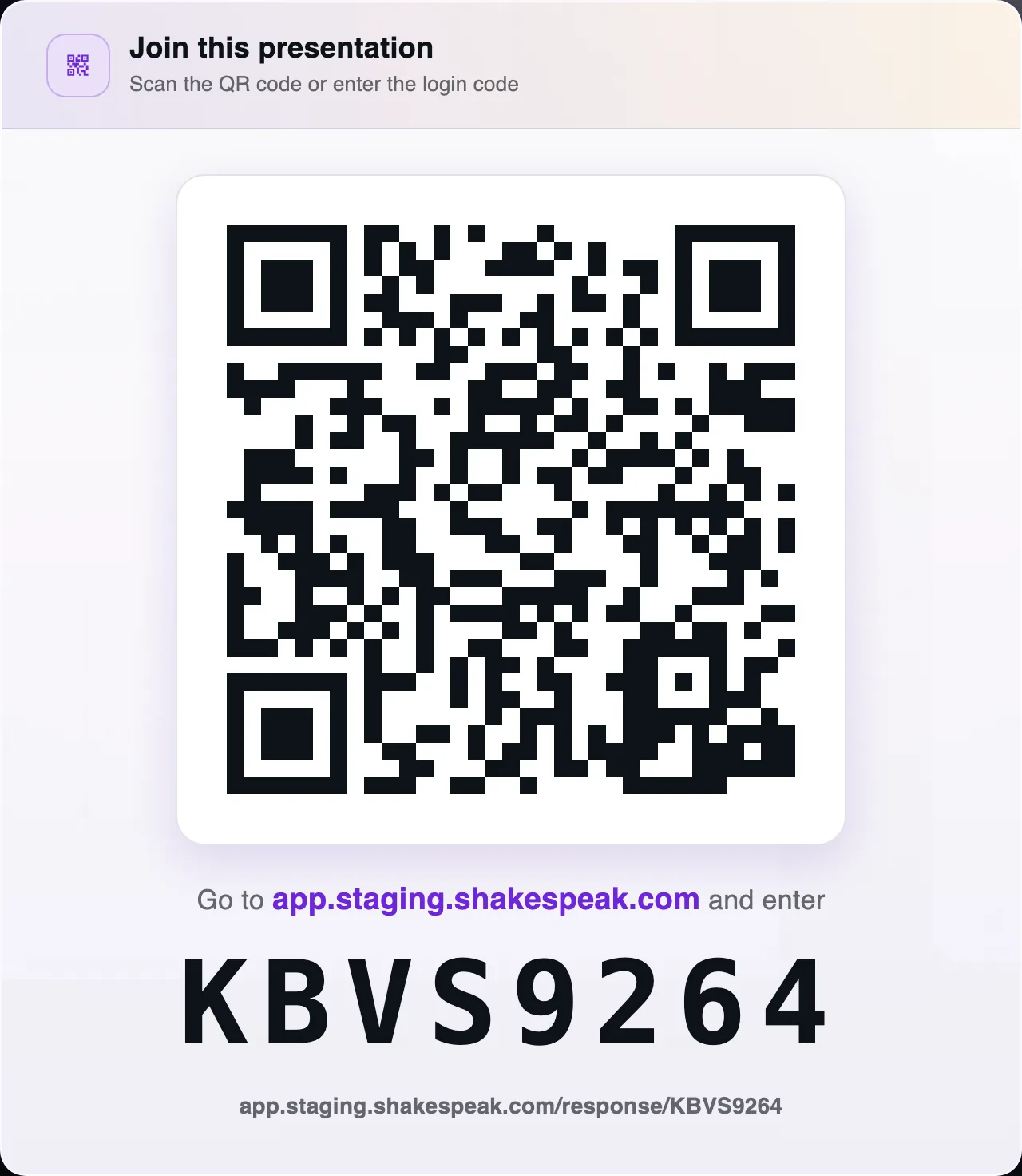 Join this presentation, with a QR code, a link, and a code.