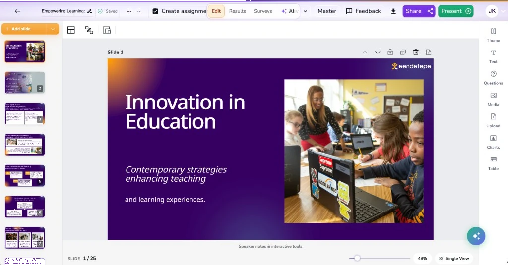 Sendsteps-leseditor in Create, met een slide Innovation in Onderwijs, Themes, Questions en Present